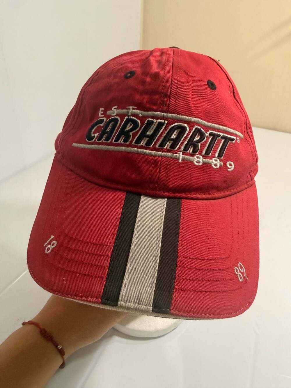 Carhartt Red Baseball Cap with 'EST. 1889' Embroidery and Striped Brim